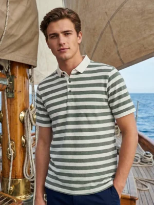 Green & Fawn Striped Knitted Polo